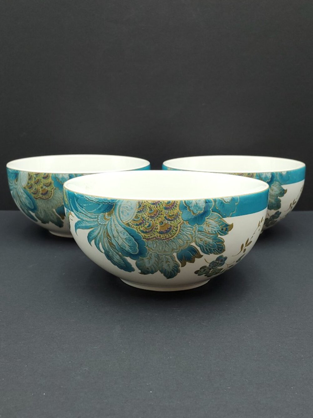 222 Fifth Eliza Teal Soup Cereal Bowls Aqua Blue Turquoise Gold Porcelain Bowls